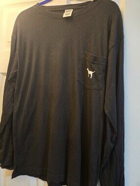 PINK Black Long Sleeve T-shirt With Large Puppy Logo & Floral Sleeve Lettering